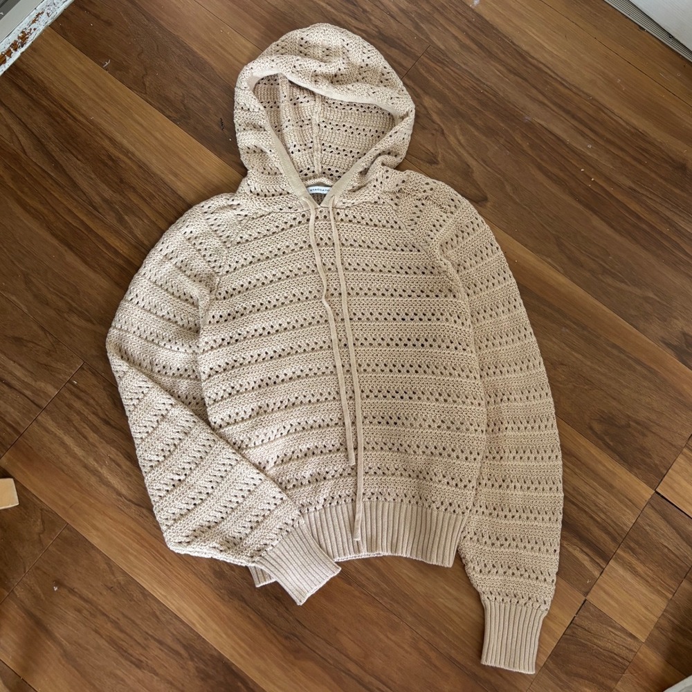 Staccato Womens Beige Crochet Open Knit Hoodie Sweater Tan Beachy Neutral Small